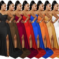 Women's Irregular Skirt Elegant Oblique Collar Patchwork Pleated Backless Sleeveless Solid Color Maxi Long Dress Daily main image 10