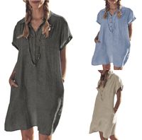 2022 Foreign Trade European And American New Cotton Linen Shirt Dress Pocket Dress Beach Dress Casual Skirt main image 1