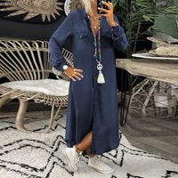 Mujeres Estilo Vintage Cuello De Camisa Labor De Retazos Manga Larga Color Sólido Vestido A Media Pierna Calle sku image 12