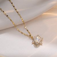 Streetwear Flower Titanium Steel Inlay Artificial Pearls Zircon Pendants Pendant Necklace main image 4