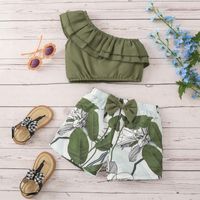 Vacation Leaf Flower Bow Knot Cotton Girls Clothing Sets main image 5