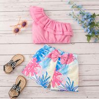 Vacation Leaf Flower Bow Knot Cotton Girls Clothing Sets main image 4