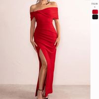 Women's Slit Dress Sexy Boat Neck Patchwork Bowknot Short Sleeve Solid Color Maxi Long Dress Banquet main image 6