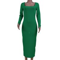 Sheath Dress Elegant U Neck Long Sleeve Solid Color Maxi Long Dress Business main image 3
