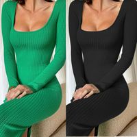 Sheath Dress Elegant U Neck Long Sleeve Solid Color Maxi Long Dress Business main image 1