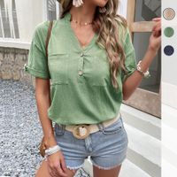 Femmes Chemisier Manche Courte T-shirts Décontractée Style Classique Couleur Unie main image 6