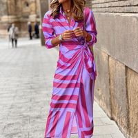 Women's Regular Dress Casual Elegant Turndown Printing Long Sleeve Stripe Midi Dress Daily sku image 11