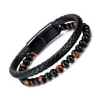 Hip-Hop Vintage Style Round 304 Stainless Steel Pu Leather Beaded Artificial Leather Men'S Bangle sku image 2