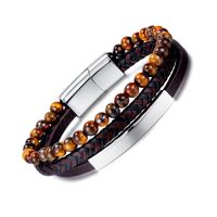 Hip-Hop Vintage Style Round Stainless Steel Pu Leather Tiger Eye Beaded Artificial Leather Men'S Bracelets main image 5