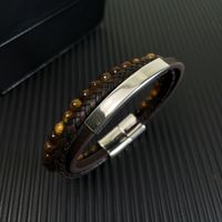 Hip-Hop Vintage Style Round Stainless Steel Pu Leather Tiger Eye Beaded Artificial Leather Men'S Bracelets main image 6