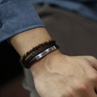 Hip-Hop Vintage Style Round Stainless Steel Pu Leather Tiger Eye Beaded Artificial Leather Men'S Bracelets main image 4