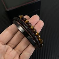 Hip-Hop Vintage Style Round Stainless Steel Pu Leather Tiger Eye Beaded Artificial Leather Men'S Bracelets main image 3