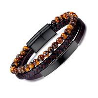 Hip-Hop Vintage Style Round Stainless Steel Pu Leather Tiger Eye Beaded Artificial Leather Men'S Bracelets sku image 1