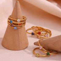 304 Stainless Steel 18K Gold Plated Elegant Simple Style Plating Inlay Round Birthstone Zircon Rings main image 4