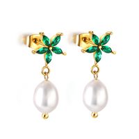 1 Pair Elegant Commute Leaf Flower Inlay Stainless Steel Imitation Pearl Zircon Earrings sku image 3