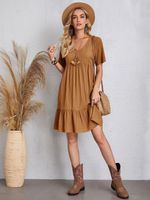 Women's Regular Dress Elegant V Neck Pleated Short Sleeve Solid Color Knee-length Daily main image 6