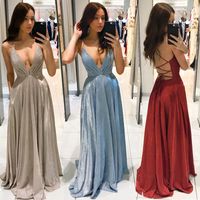 Sexy Solid Color Deep V Patchwork Maxi Long Dress A-line Skirt main image 1