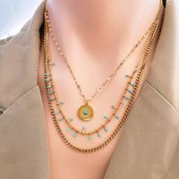 Vintage Style Exaggerated Round Titanium Steel Plating Inlay Turquoise 18k Gold Plated Layered Necklaces main image 2