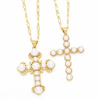 Elegant Cross Stainless Steel Copper Plating Inlay Pearl 18k Gold Plated Pendant Necklace main image 1