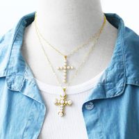 Elegant Cross Stainless Steel Copper Plating Inlay Pearl 18k Gold Plated Pendant Necklace main image 2