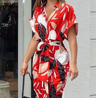 امرأة قميص فستان غير رسمي طوق القميص طباعة كم قصير كتلة اللون فستان طويل ماكسي اليومي main image 1