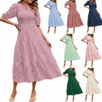 Women's Regular Dress Casual Round Neck Pleated Short Sleeve Solid Color Midi Dress Daily main image 1