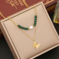 Wholesale Retro Tree Heart Shape Eye Stainless Steel Malachite Inlay 18K Gold Plated Artificial Diamond Pearl Layered Necklaces sku image 3