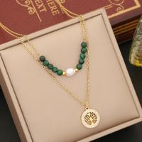 Wholesale Retro Tree Heart Shape Eye Stainless Steel Malachite Inlay 18K Gold Plated Artificial Diamond Pearl Layered Necklaces sku image 4