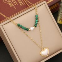 Wholesale Retro Tree Heart Shape Eye Stainless Steel Malachite Inlay 18K Gold Plated Artificial Diamond Pearl Layered Necklaces sku image 1