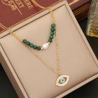 Wholesale Retro Tree Heart Shape Eye Stainless Steel Malachite Inlay 18K Gold Plated Artificial Diamond Pearl Layered Necklaces sku image 2