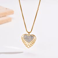 304 Stainless Steel 14K Gold Plated Modern Style Simple Style Polishing Hollow Out Inlay Heart Shape Rhinestones Pendant Necklace main image 3