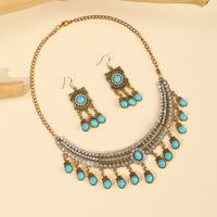 Élégant Style Vintage Luxueux Géométrique Fleur Gemme Turquoise Alliage De Gros Des Boucles D'oreilles Collier main image 4