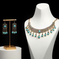 Elegant Vintage Style Luxurious Geometric Flower Gem Turquoise Alloy Wholesale Earrings Necklace sku image 6