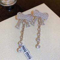 Retro Palace Style Full Diamond Bow Tassel Long Alloy Earrings sku image 1