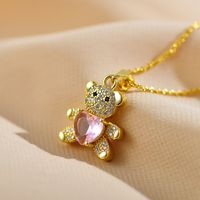 Elegant Shiny Little Bear Heart Shape Copper Inlay Zircon Gold Plated Pendant Necklace main image 4