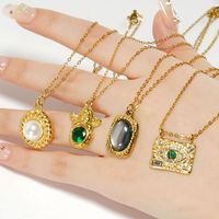 Stainless Steel 18K Gold Plated Retro Plating Inlay Oval Eye Gem Pearl Pendant Necklace Long Necklace main image 5