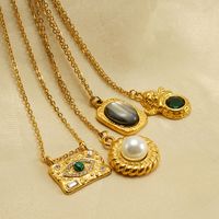 Stainless Steel 18K Gold Plated Retro Plating Inlay Oval Eye Gem Pearl Pendant Necklace Long Necklace main image 3