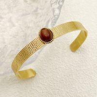 Nordic Style Vintage Style Oval 304 Stainless Steel 14K Gold Plated Natural Stone Cuff Bracelets In Bulk sku image 1