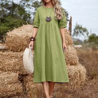 Women's A-line Skirt Basic Classic Style Round Neck Pleated Half Sleeve Solid Color Midi Dress Holiday main image 5