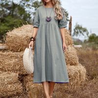 Women's A-line Skirt Basic Classic Style Round Neck Pleated Half Sleeve Solid Color Midi Dress Holiday main image 3