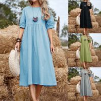 Women's A-line Skirt Basic Classic Style Round Neck Pleated Half Sleeve Solid Color Midi Dress Holiday main image 6
