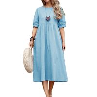 Women's A-line Skirt Basic Classic Style Round Neck Pleated Half Sleeve Solid Color Midi Dress Holiday main image 2