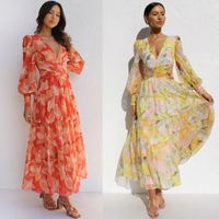 Femmes Robe Régulière Élégant Vacances Col En V Manche Longue Bloc De Couleur Fleur Maxi Longue Robe Vacances Voyage Rue main image 2