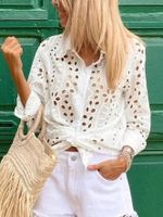 Elegant Solid Color Flower Turndown Long Sleeve Regular Sleeve Hollow Out Blouse main image 6