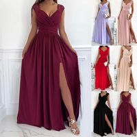 Femmes Robe Fendue Élégant Col En V Fente Sans Manches Couleur Unie Maxi Longue Robe Du Quotidien Cocktail Party main image 1