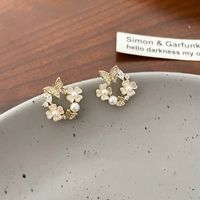 Sweet Flower Butterfly Alloy Inlay Artificial Pearls Rhinestones Shell Women's Ear Studs sku image 1