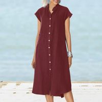 Women's Regular Dress Vintage Style Standing Collar Pocket Patchwork Short Sleeve Solid Color Midi Dress Holiday Daily main image 3