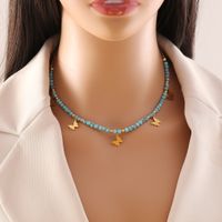 Stainless Steel Turquoise 18K Gold Plated Bohemian Beaded Star Eye Butterfly Pendant Necklace main image 4