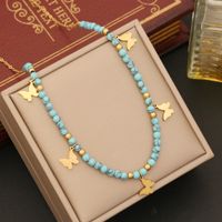 Stainless Steel Turquoise 18K Gold Plated Bohemian Beaded Star Eye Butterfly Pendant Necklace sku image 2