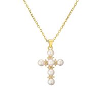 Casual Simple Style Cross Copper Gold Plated Pearl Zircon Pendant Necklace In Bulk main image 4
